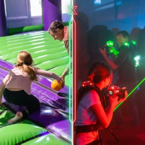 Combined view of kids playing in the Inflatable Airpark and playing Laser Tag at XtremeCraze Foxborough